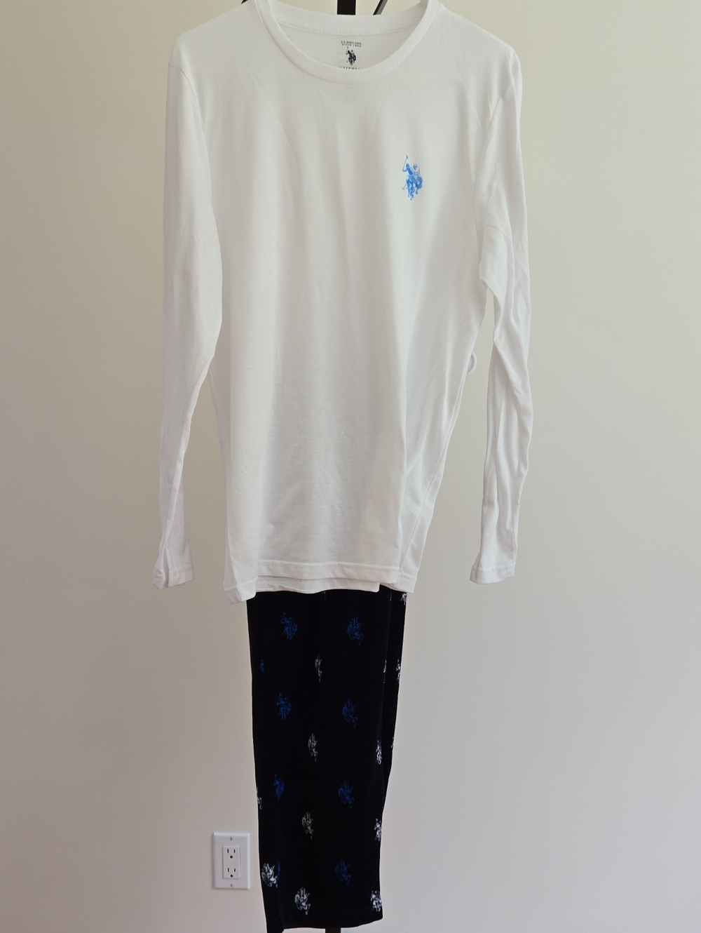U.S. Polo Assn. White Long-Sleeve Tee with Blue Embroidered Logo Pajama Set